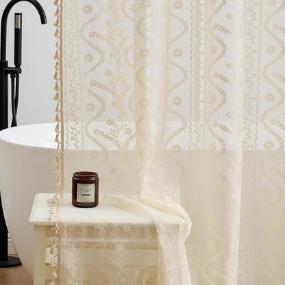 WAZZIO Vintage Lace Shower Curtain for Bathroom 72" W x 72" L, Victorian Farmhouse Floral Pattern Tassel Fancy Shower Curtain Boho Washable Cloth Decorative Bath Curtains,1 Panel