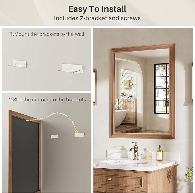 24x36 Inch Bathroom Mirror for Wall, Anti-Rust Walnut Wood Grain Metal Framed Bathroom Mirrors for Over Sink,Rectangler Mirrors for Bathroom Vanity, Farmhouse, Bedroom, Living Room, Entryway Decor
