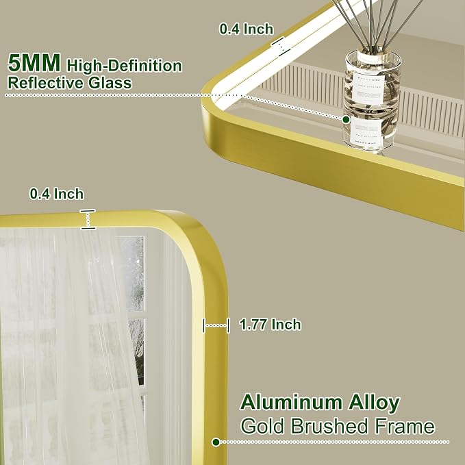 40x30 Inch Gold LED Bathroom Mirror with Lights,3000K/4500K/6000K | Stepless Dimmable, Anti-Fog, Memory Function, Aluminum Frame Wall Mount Lighted Vanity Mirror, ETL Listed, IP54 Waterproof