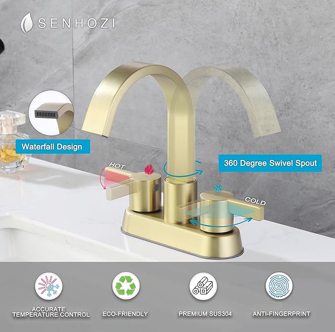 Bathroom Sink Faucet 3 Hole Brushed Gold, 2 Handle 4 Inch Centerset Stainless Steel Bathroom Faucet with Pop up Drain and 2 Supply Lines, SE-0048-BG
