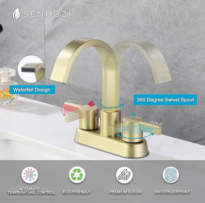 Bathroom Sink Faucet 3 Hole Brushed Gold, 2 Handle 4 Inch Centerset Stainless Steel Bathroom Faucet with Pop up Drain and 2 Supply Lines, SE-0048-BG