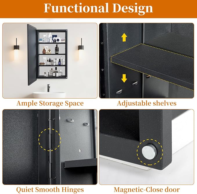 Black Bathroom Medicine Cabinet with Mirror Squared Rectangle Metal Frame Recessed Or Wall Mounted Single Door Storage Medicine Cabinets with 3 Adjustable Shelves (Black, 20 * 30'')