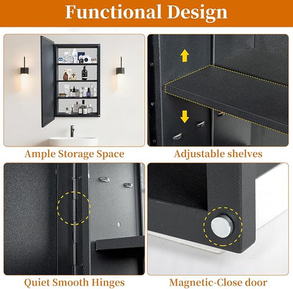 Black Bathroom Medicine Cabinet with Mirror Squared Rectangle Metal Frame Recessed Or Wall Mounted Single Door Storage Medicine Cabinets with 3 Adjustable Shelves (Black, 20 * 30'')