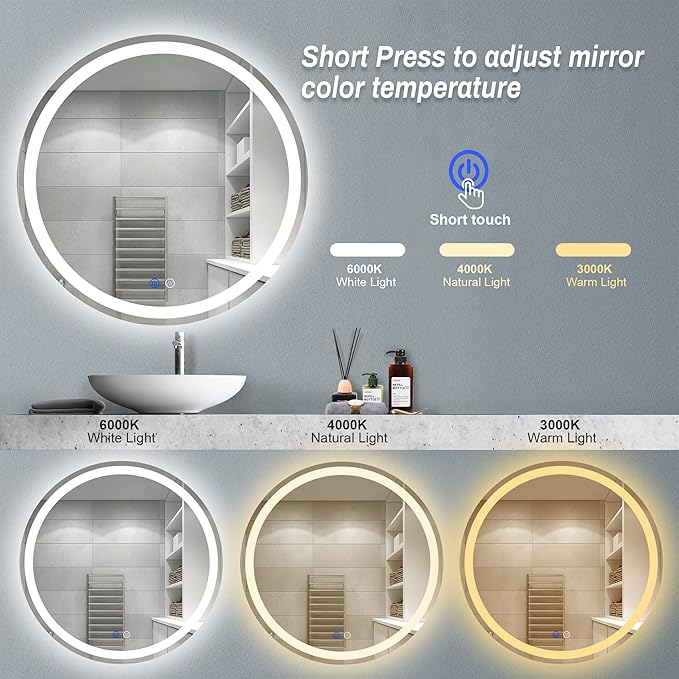 24" LED Bathroom Mirror Round Vanity Mirror, Anti-Fog, Dimmable, 3 Color Temperature, Memory Function Led Wall Mirror for Bathroom, Vanity, Shaving (Vertical/Horizontal)