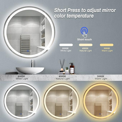 24" LED Bathroom Mirror Round Vanity Mirror, Anti-Fog, Dimmable, 3 Color Temperature, Memory Function Led Wall Mirror for Bathroom, Vanity, Shaving (Vertical/Horizontal)