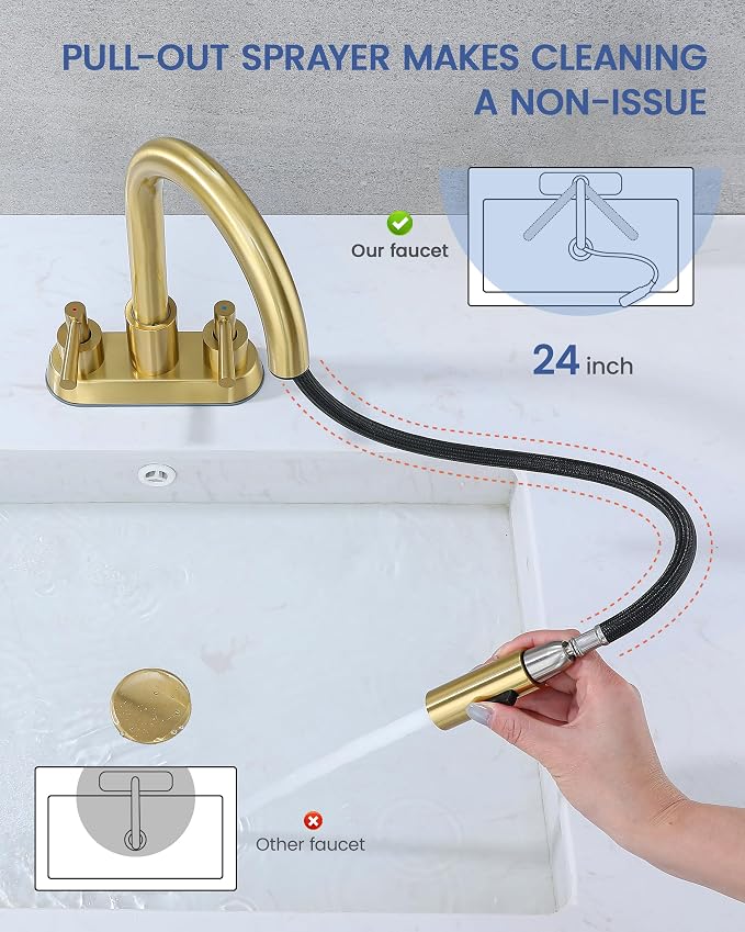 Bathroom Faucet with Pull Out Sprayer, 3 Holes Pull Down Gold Faucet | Stainless Steel Lead-Free, 4 Inch Centerset Vanity Faucet, 2 Handle, 3 Hole Gold Faucet for RV Laundry Restroom