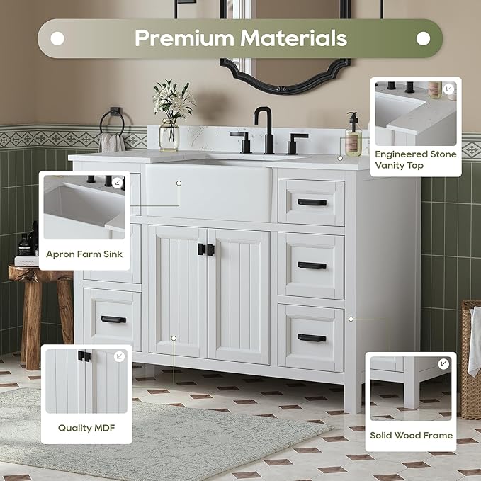 48 Inch Bathroom Vanity with Apron Farm Sink, White Farmhouse Bathroom Sink Cabinet with Soft Closing Doors & Dovetail Drawers, Single Sink Bathroom Vanity, No Assembly Required