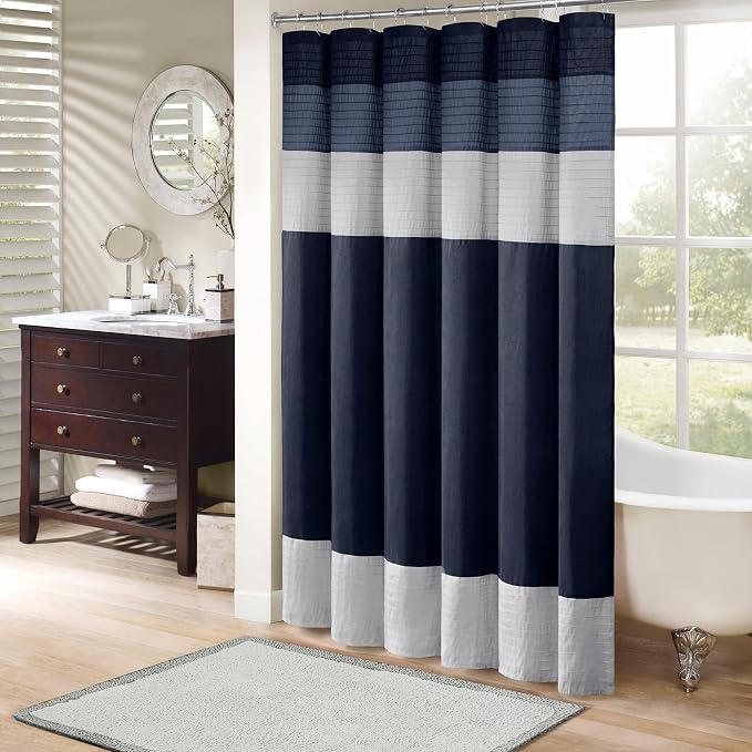 Madison Park Amherst 72 x 72 Bathroom Shower Curtain, Faux Silk, Navy | Modern Classic, Light Sheen, Pieced, Striped, Microfiber, Machine Washable, OEKO-TEX Certified, Amherst