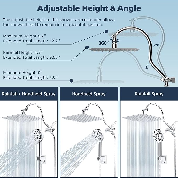 Hibbent 12'' All Metal CUPC Certified Shower Head, High Pressure Rainfall Shower Head, Handheld Showerhead Combo, 12'' Adjustable Shower Extension Arm, 10-Spray, 71'' Hose, Showerhead Holder, Chrome