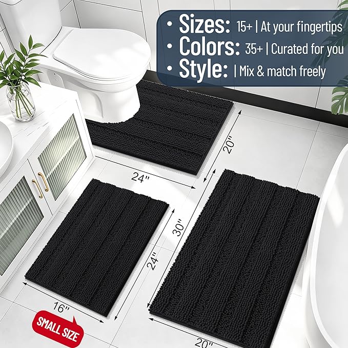 Smiry Thick Chenille Large Bathroom Runner Rugs 40x32, Soft Bath Mat, Black | Quick‑Dry & Machine Washable, Non‑Slip Bath Carpet, Striped Bath Rugs for Tub & Shower, Modern Home Decor Accessories
