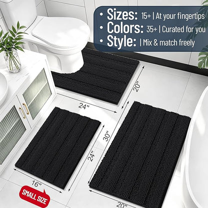 Smiry Thick Chenille Large Bathroom Runner Rugs 40x32, Soft Bath Mat, Black | Quick‑Dry & Machine Washable, Non‑Slip Bath Carpet, Striped Bath Rugs for Tub & Shower, Modern Home Decor Accessories