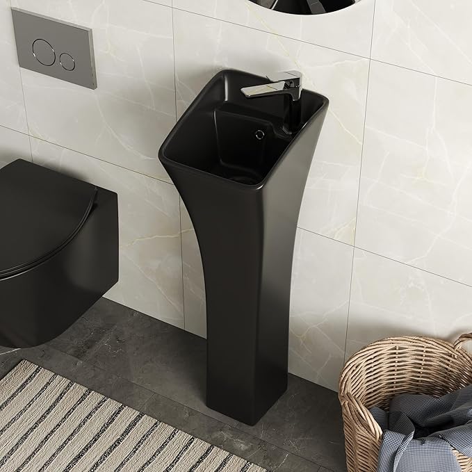 DeerValley Horizon Bathroom Pedestal Sink, 11"L x 13"W x 35"H Small Pedestal Sink, Ceramic One Piece Bath Sink with Overflow and Pre-Drilled Hole, Freestanding Modern Sink in Black, DV-1P529B