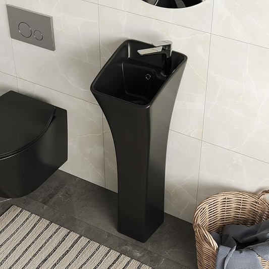 DeerValley Horizon Bathroom Pedestal Sink, 11"L x 13"W x 35"H Small Pedestal Sink, Ceramic One Piece Bath Sink with Overflow and Pre-Drilled Hole, Freestanding Modern Sink in Black, DV-1P529B