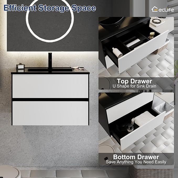eclife 30" Bathroom Vanity Cabinet with Undermount Black Sink Combo, Wall Mounted Floating Bathroom Cabinet with Colors Mixed Style, 2 Big Drawers & Matte Black Faucet