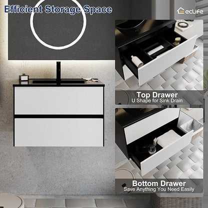 eclife 30" Bathroom Vanity Cabinet with Undermount Black Sink Combo, Wall Mounted Floating Bathroom Cabinet with Colors Mixed Style, 2 Big Drawers & Matte Black Faucet