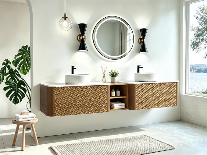 84 Inch Double Vanity with Sink Set, Floating Bathroom Sink Cabinet with Sintered Stone Top&Solid Wood Hammered Frame, Double Bathroom Vanities w/Soft-Close Drawers&1 Side Open Cube