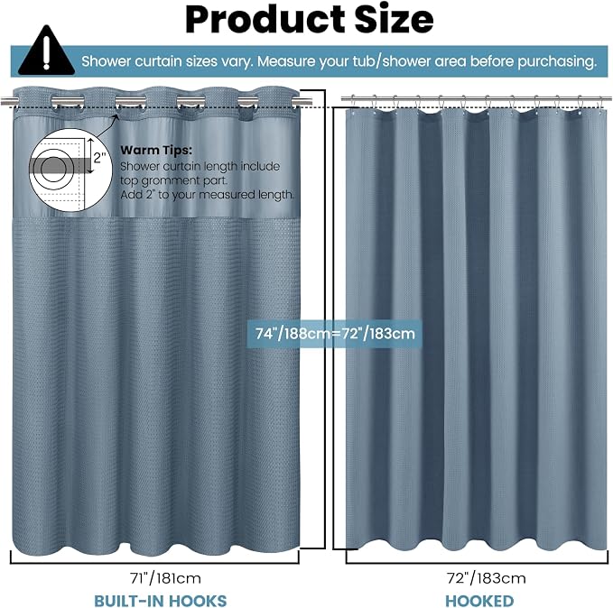 SORTTO No Hook Shower Curtain with Snap in Liner Set Waffle Shower Curtain for Bathroom Hotel Style Fabric Waterproof Inner Liner，71" W x 74" H, Stone Blue