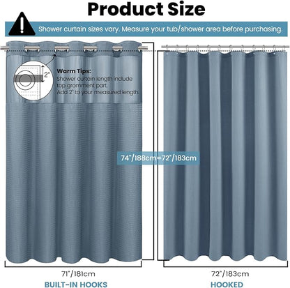 SORTTO No Hook Shower Curtain with Snap in Liner Set Waffle Shower Curtain for Bathroom Hotel Style Fabric Waterproof Inner Liner，71" W x 74" H, Stone Blue