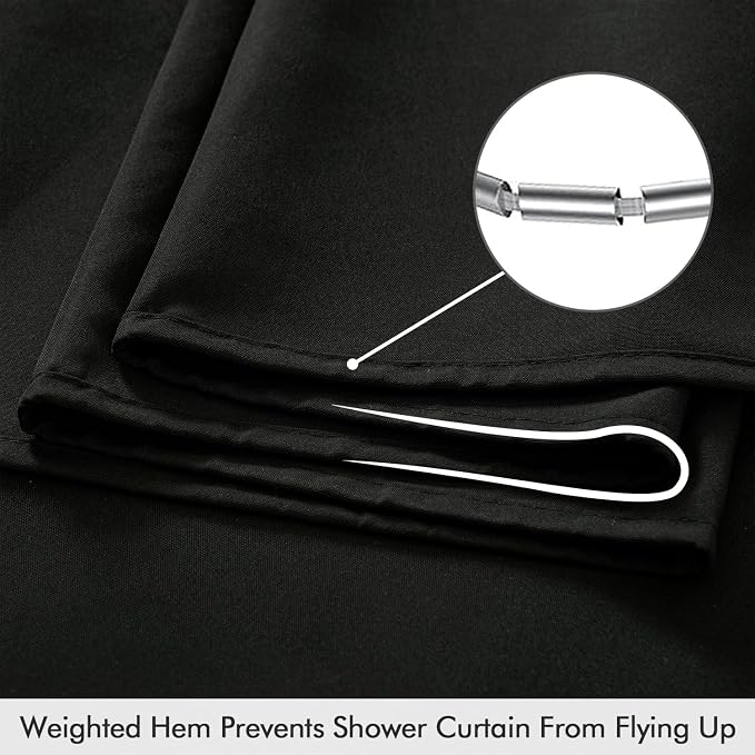 ANRODUO Black Linen Textured Fabric Shower Curtain Set - W72xL72 | Farmhouse Shower Curtain with 12 Metal Hooks, Waterproof Heavy Duty, Button Hole Design, Machine Washable for Bathroom
