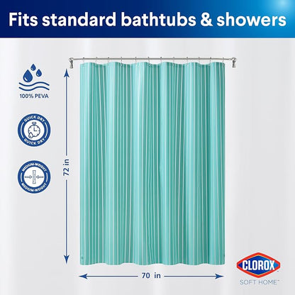 Clorox Shower Curtain Liner, Premium Striped Medium-Weight Durable Waterproof 6g PEVA for Bathroom with Weighted Magnets, Printed Standard Size 72" x 72", Aqua