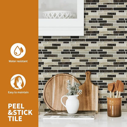 WOWSTAR 10-Sheet Peel and Stick Backsplash Tile for Kitchen Wall, Back Splash Stick On Tiles for Kitchen (12"x12", Tan) | Peel and stick backsplash, self-adhesive wall tile, Tan, waterproof, kitchen bathroom wall, 10-sheet