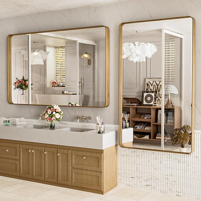 LOAAO 60X36 Inch Bathroom Mirror with Wood Grain Colored Metal Frame | Rounded Rectangle Metal Framed, Anti-Rust, Hangs Horizontally or Vertically, Tempered Glass