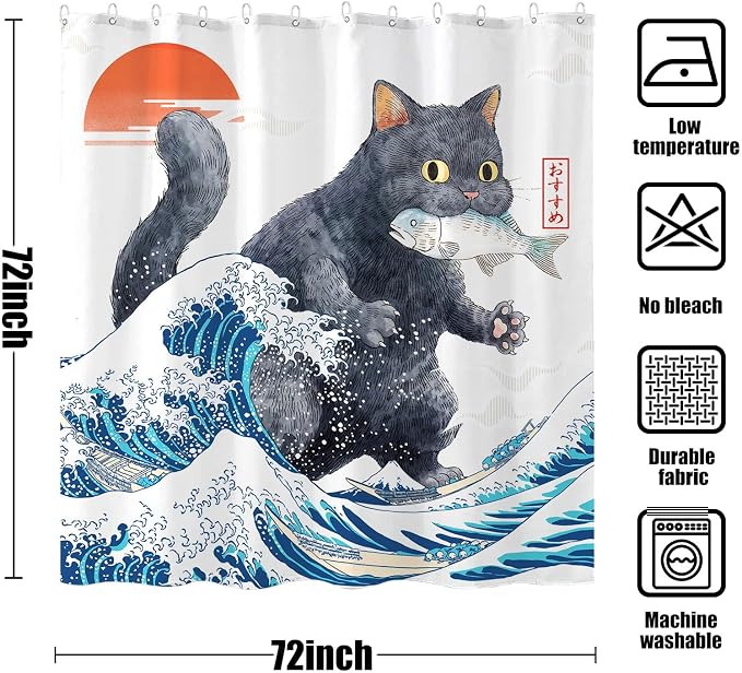 Accnicc Funny Black Cat Shower Curtain for Bathroom 72 X 72 Inch | Fun Cool Cat Monster Shower Curtains, Japanese Ocean Wave Kids Bath Curtain Decor, Water-Resistant Washable Polyester Fabric