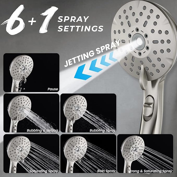 Dual Shower Head Combo, 8'' High Pressure Rain Shower Head with Handheld Spray, 6+1 Spray Settings Handheld Showerhead, Height Adjustable, One-touch Pause Button, Brushed Nickel