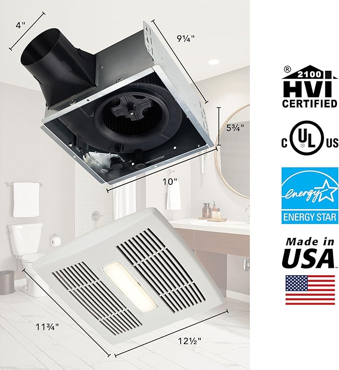 Broan-NuTone Bathroom Exhaust Fan with LED Light and Roomside Installation, Energy Star Certified, 110 CFM, Very Quiet 1.0 Sones White, AE110L