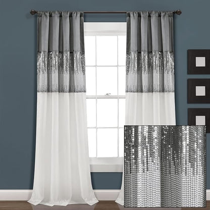 Lush Decor Night Sky Window Curtain Panel, Single 42"W x 95"L Gray & White - Sequin Backdrop Curtain - Room Darkening Curtains For Bedroom - Glam Decor