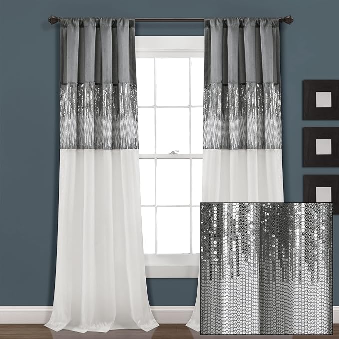 Lush Decor Night Sky Window Curtain Panel, Single, 42" W x 108" L, Gray & White - Sequin Curtains - Sparkle & Color Block Design - Modern Glam Decor - Extra Long Curtains For Bedroom & Living Room