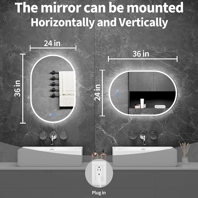 Oval LED Bathroom Mirror, 24"x 36" Frameless Lighted Mirror | LED Mirror with Front Light & Backlit, Anti-Fog, Dimmable Wall Mounted Lighted Mirror, Pill-Shaped Smart Bathroom Mirror