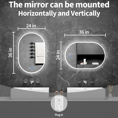 Oval LED Bathroom Mirror, 24"x 36" Frameless Lighted Mirror | LED Mirror with Front Light & Backlit, Anti-Fog, Dimmable Wall Mounted Lighted Mirror, Pill-Shaped Smart Bathroom Mirror