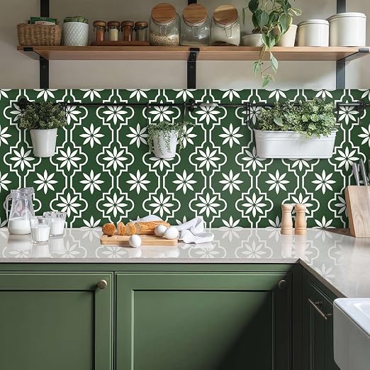 MORCART Peel and Stick Floor Tile, Vinyl Flooring Waterproof, DIY Flooring for Bathroom, Kitchen, Fireplace, Pet House, Stairs, Bedrooms, Wall (20PCS,7.87" x 7.87",FT1688 Dark Green+White)