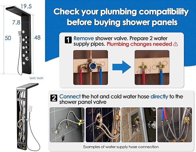 ROVOGO Shower Panel Tower System with Rainfall Waterfall Shower, 5 Body Jets and 3-Setting Handheld, 304 Stainless Steel Shower Column Wall-Mount, Black