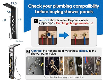 ROVOGO Shower Panel Tower System with Rainfall Waterfall Shower, 5 Body Jets and 3-Setting Handheld, 304 Stainless Steel Shower Column Wall-Mount, Black
