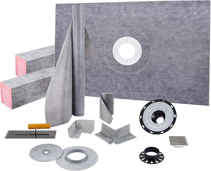 VEVOR Shower Curb Kit, 48"x72" Watertight Shower Curb Overlay with 4" PVC Central Bonding Flange, 4" Stainless Steel Grate, 2 Cuttable Shower Curb and Trowel, Shower Pan Slope Sticks Fit for Bathroom