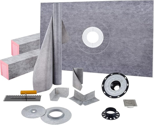 VEVOR Shower Curb Kit, 48"x72" Watertight Shower Curb Overlay with 4" PVC Central Bonding Flange, 4" Stainless Steel Grate, 2 Cuttable Shower Curb and Trowel, Shower Pan Slope Sticks Fit for Bathroom