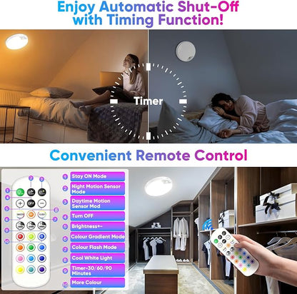 Rechargeable Motion Sensor Ceiling Light, 12000mAh RGB Battery Closet Light | Wireless Battery Powered LED Shower Light, Magnetic Cordless Ceiling Light with Remote, Overhead Lamp for Pantry Shed, 2-Pack
