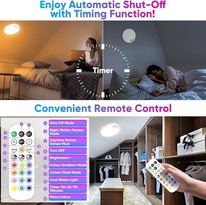 Rechargeable Motion Sensor Ceiling Light, 12000mAh RGB Battery Closet Light | Wireless Battery Powered LED Shower Light, Magnetic Cordless Ceiling Light with Remote, Overhead Lamp for Pantry Shed Hallway