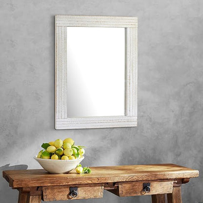 Stonebriar 24" x 18" Rectangle Worn White Wood Frame Wall Mirror with Attached Hanging Brackets, Decorative Country Rustic Decor for the Living Room, Bedroom, Bathroom, Hallway, and Entryway