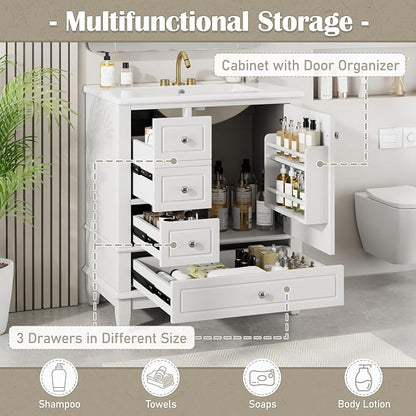 30" Vanity with Sink, Bathroom Vanities 30 Inch with Sink, Single Sink Bathroom Vanity with Shelf and Three Drawers, Soft Close Door, Restroom Vanity with Sink Top (White)