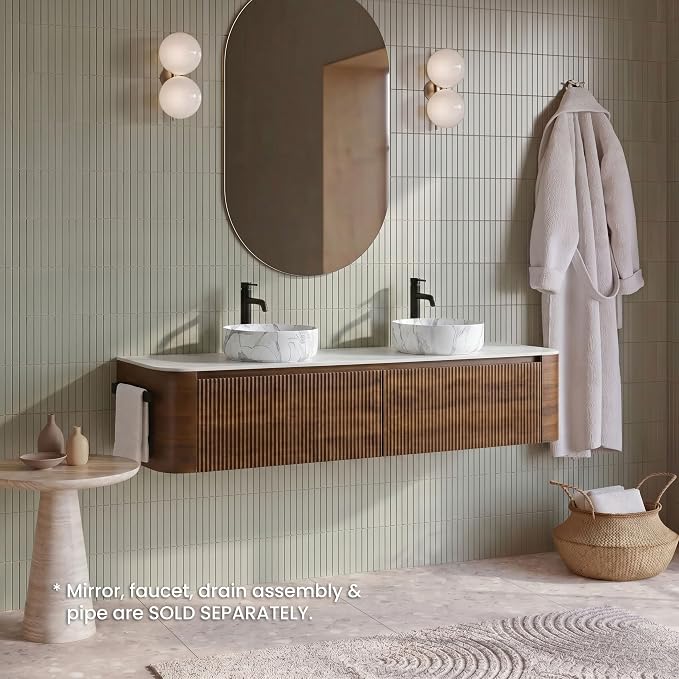 72" Preassembled Double Floating Bathroom Vanity with Carrara Sink, Walnut | Mid-Century Modern Style, Fluted & Soft-Close Drawer with U-shaped Wall, Sinterted Stone Countertop, Towel Rack Included