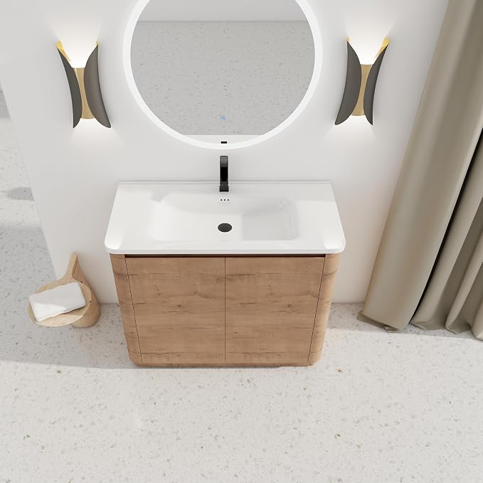 40-Inch Bathroom Vanity with Sink Mid-Century Bathroom Vanities with Top Basin Floor Wood Bathroom Sink Cabinet with Soft-Close Doors & Adjustable Storage Shelves (Brown)