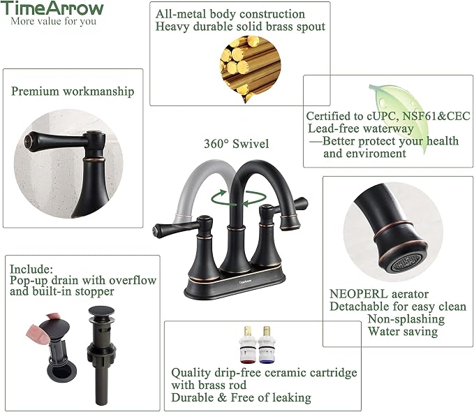 Oil Rubbed Bronze 2 Handle Centerset Bathroom Sink Faucet with Pop up Drain | TimeArrow Modern 4 Inch Bathroom Faucet, Vanity Lavatory Faucet 3 Holes with 360° Swivel Stainless Steel Spout, TAF067Y-ORB