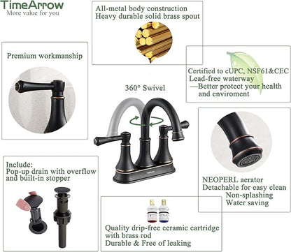 Oil Rubbed Bronze 2 Handle Centerset Bathroom Sink Faucet with Pop up Drain | TimeArrow Modern 4 Inch Bathroom Faucet, Vanity Lavatory Faucet 3 Holes with 360° Swivel Stainless Steel Spout, TAF067Y-ORB
