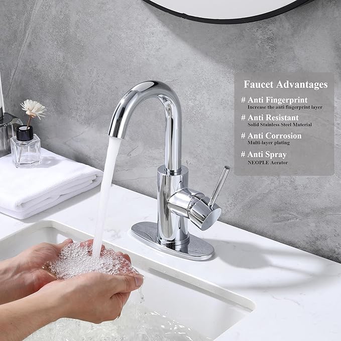 Chrome Bar Sink Faucet, Single Handle Single Hole Prep Sink Faucet, Lead-Free Stainless Steel with cUPC Certified Supply Lines, for Kitchen Bar RV Bathroom JU1100-CP