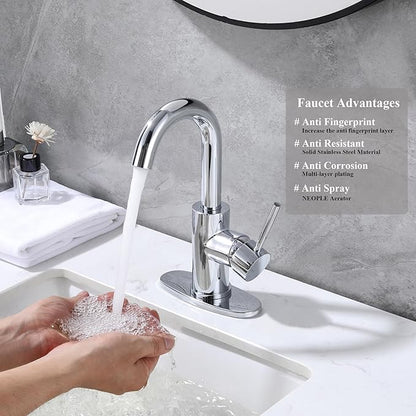 Chrome Bar Sink Faucet, Single Handle Single Hole Prep Sink Faucet, Lead-Free Stainless Steel with cUPC Certified Supply Lines, for Kitchen Bar RV Bathroom JU1100-CP