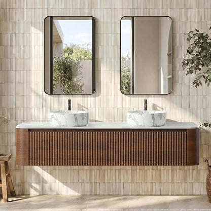 72" Floating Bathroom Vanity with Carrara Finish Sink, Walnut | Pre-Assembled Fluted Wall Mounted Double Sink Vanity with Sintered Stone Countertop, Soft-Close Drawers & Towel Rack