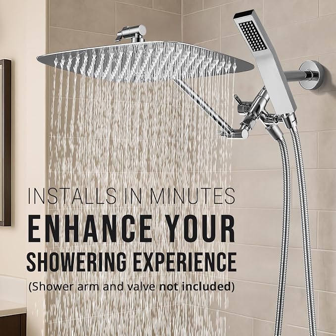 G-Promise All Metal 16" Rain Shower Head with Handheld for Bathroom Upgrade | All Metal, Built to Last, Easy Install, Adjustable Height & Angle for All Heights, Extra Long Hose, Modern Upgrade